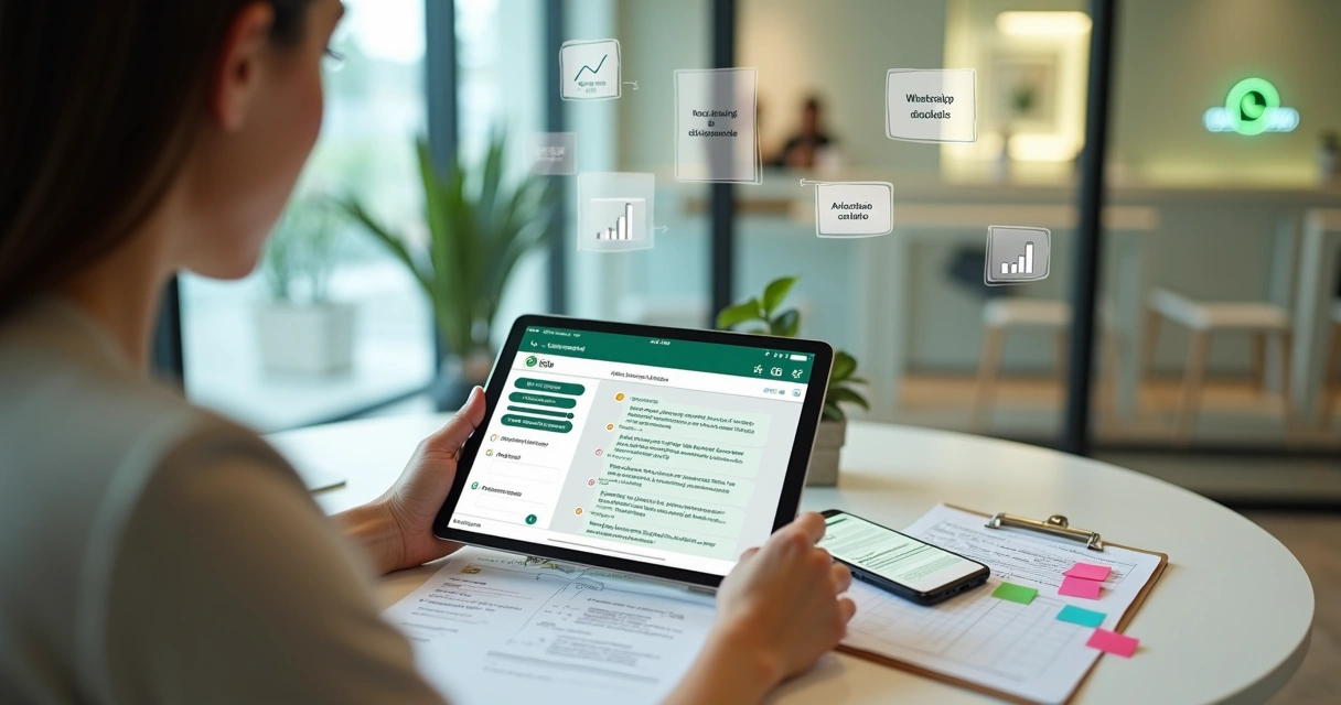 Consultora de clínica de estética ajustando mensagens de vendas no WhatsApp em tablet 