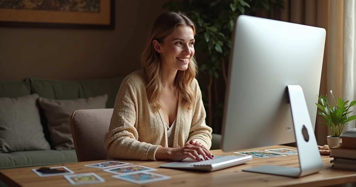 Mulher sorridente atendendo consulta espiritual online com cartas de tarot e notebook 