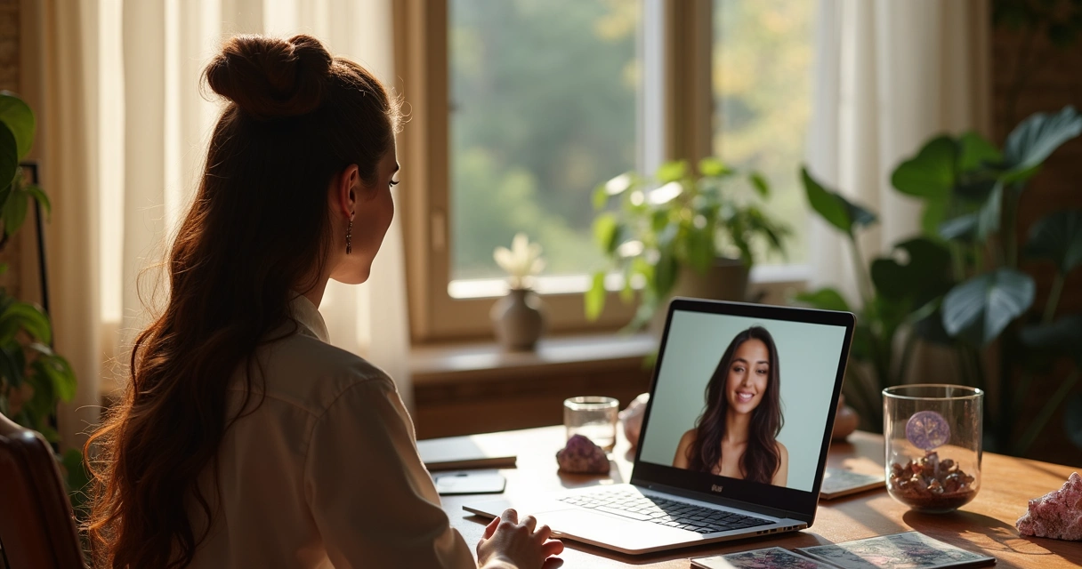 Consultora esotérica em vídeo chamada com cliente, cartas e cristais na mesa 