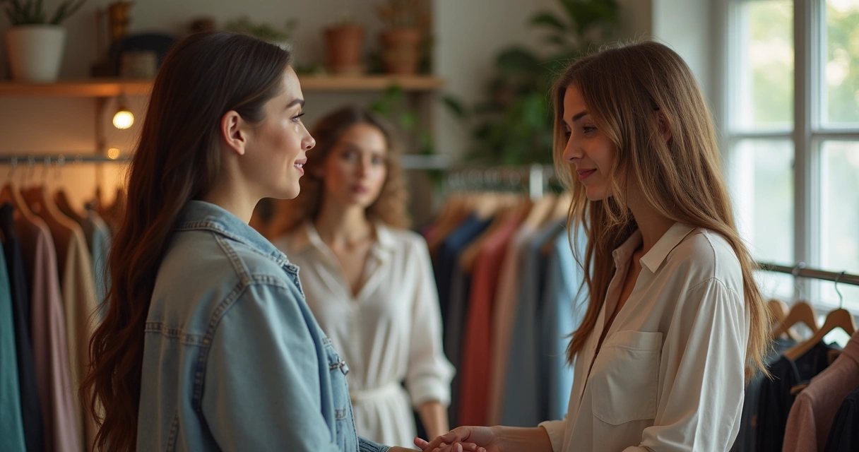 Consultora de imagem ajudando cliente a escolher roupa em loja de moda circular 