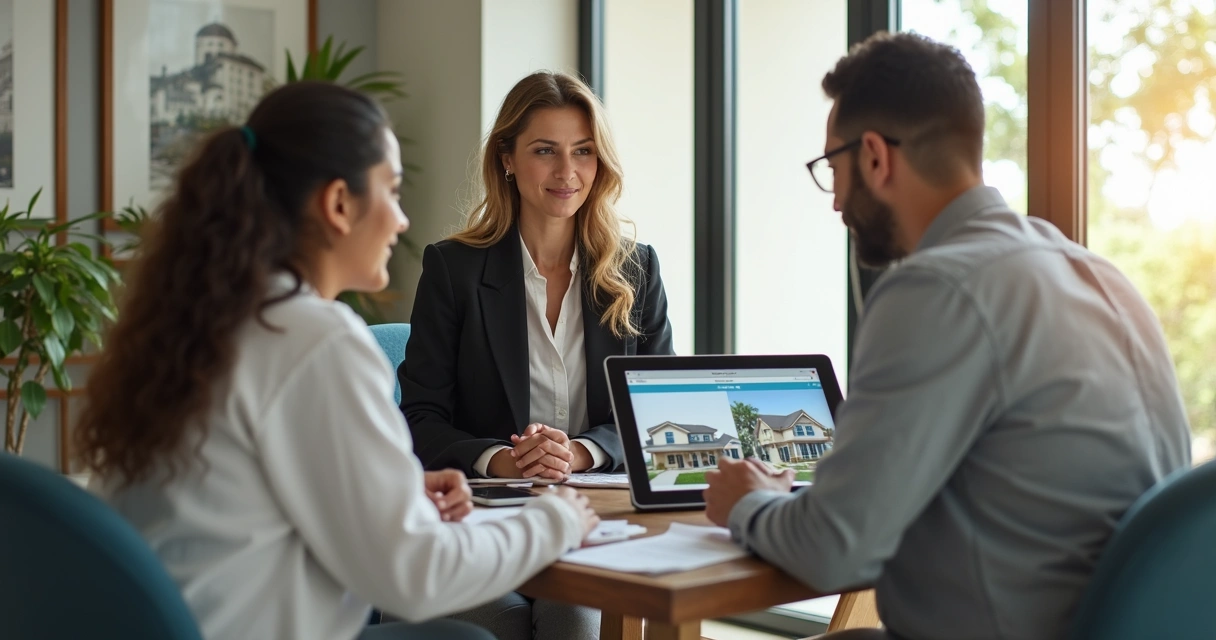 Consultora imobiliária conversando com família brasileira 