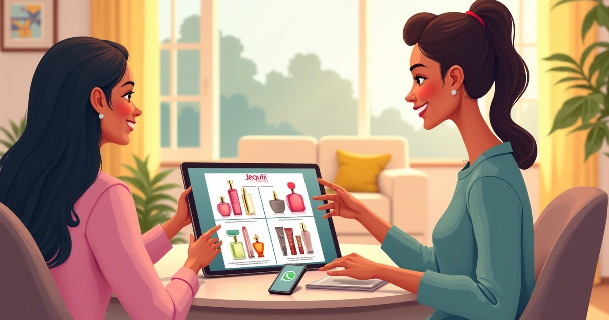 Consultora mostrando catálogo digital Jequiti em tablet para cliente 