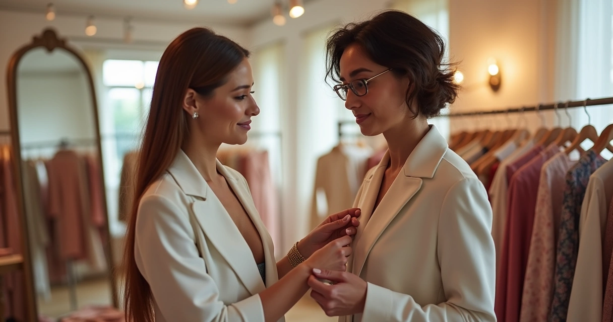Consultora de imagem auxiliando cliente a escolher roupas 
