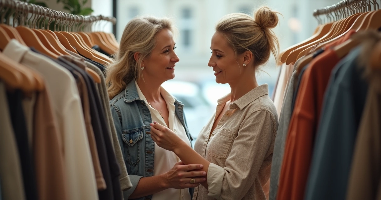 Consultora de moda auxiliando cliente em brechó 