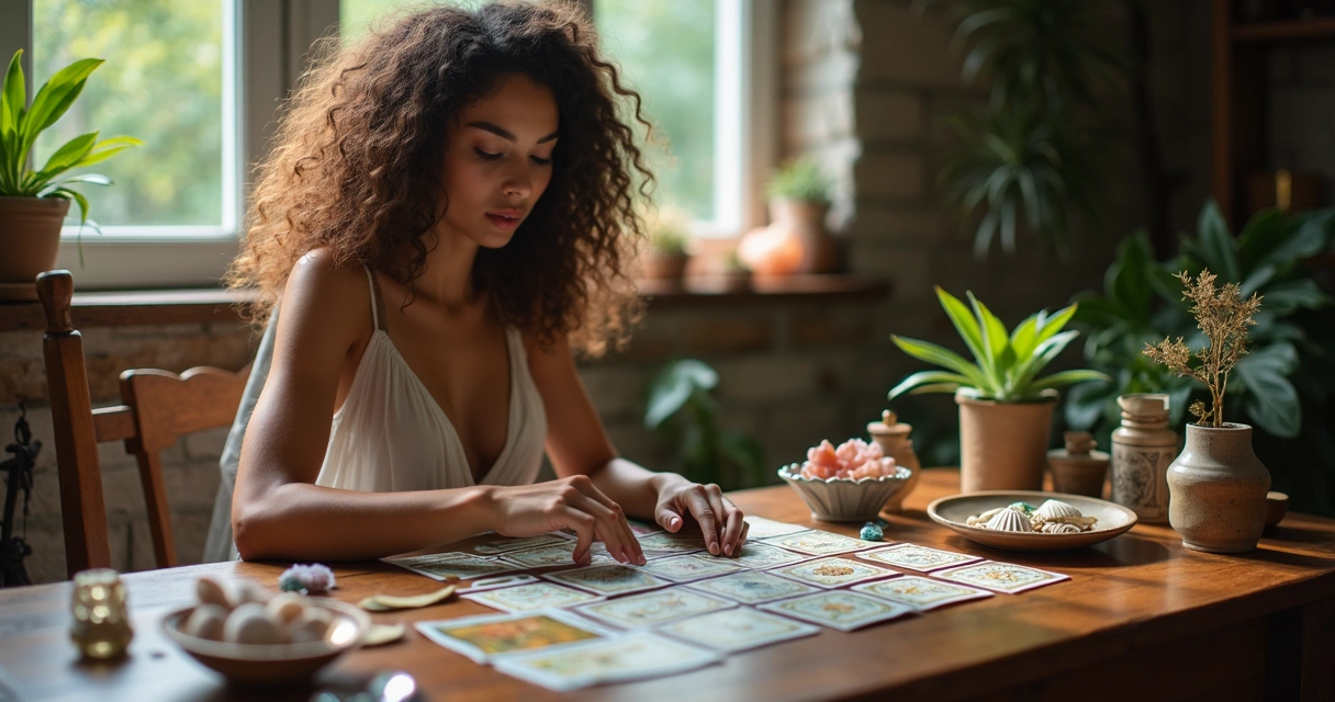 Pessoa fazendo consulta com Tarot, runas e búzios sobre uma mesa 