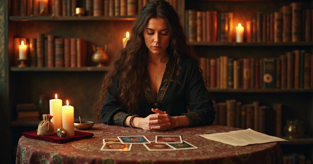 Consultora espiritual concentrada analisando três oráculos 