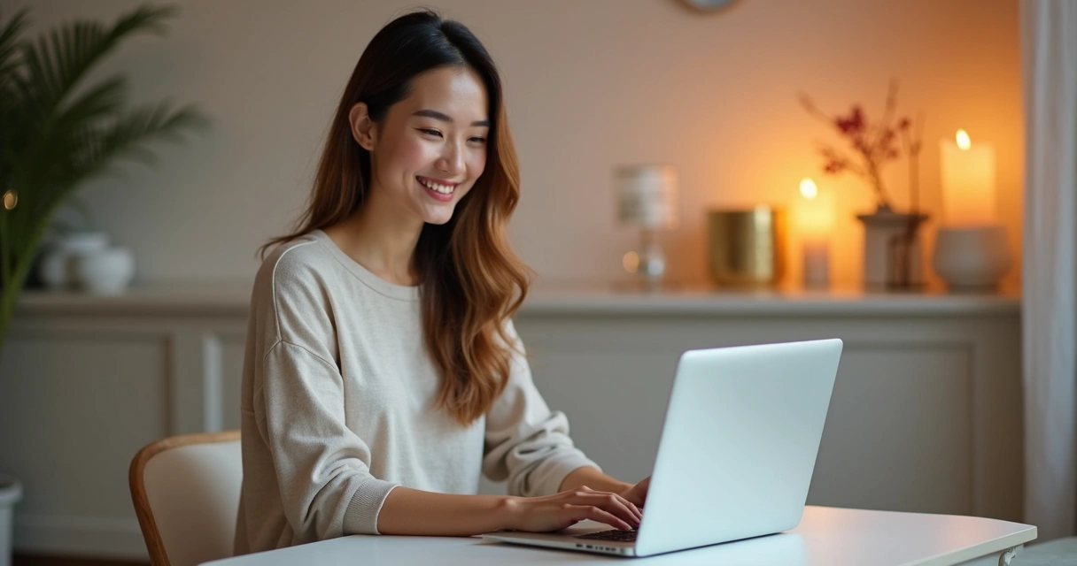 Mulher sorrindo atendendo sessão de reiki à distância virtual