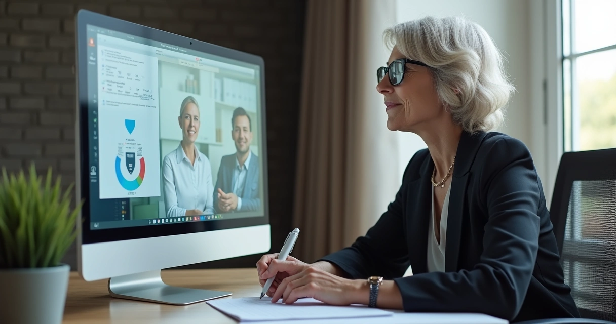 Consultora madura em videoconferência para clientes 