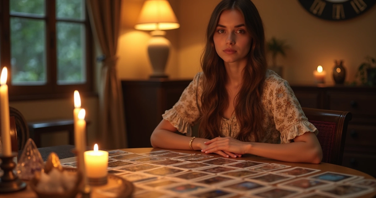 Consultora de tarot sentada à mesa com cartas, rodeada por velas acesas e um ambiente calmo.