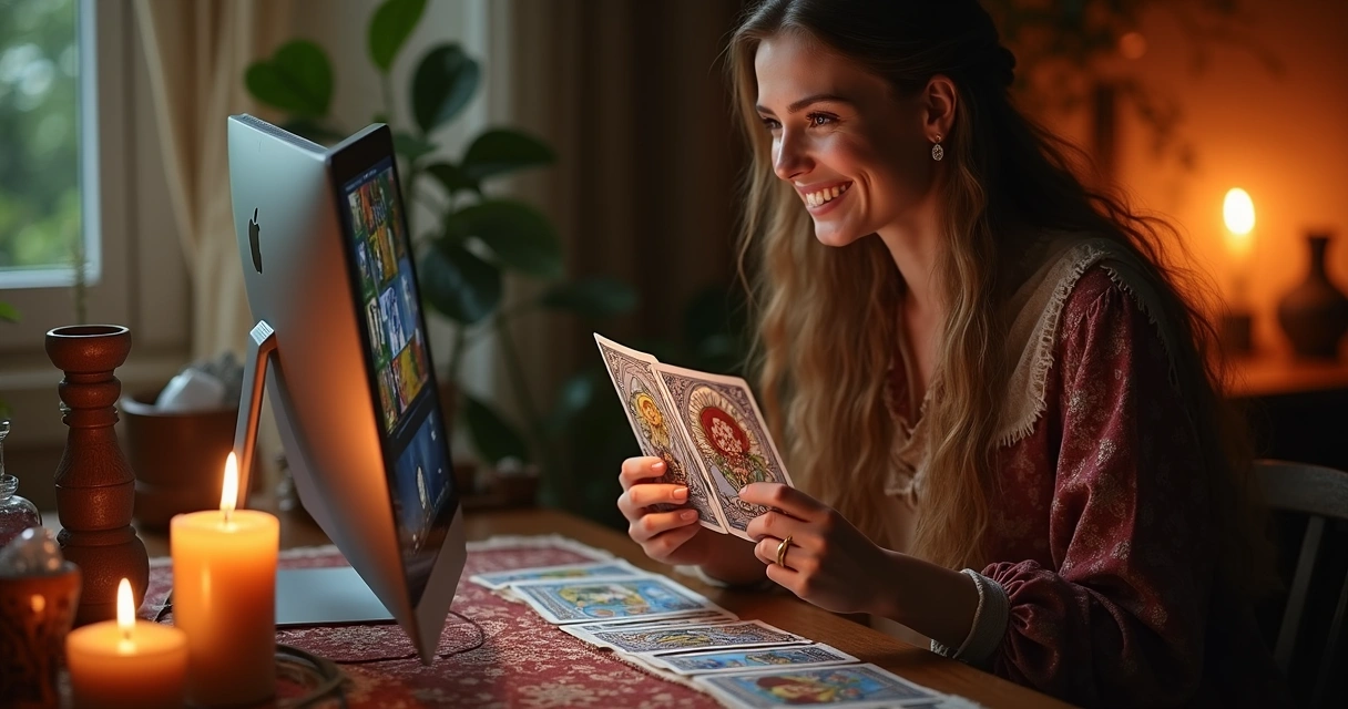 Consultora de tarot segurando cartas e atendendo online 