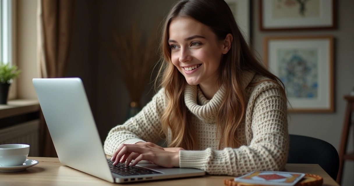 Mulher sorrindo durante consulta de tarot online no notebook
