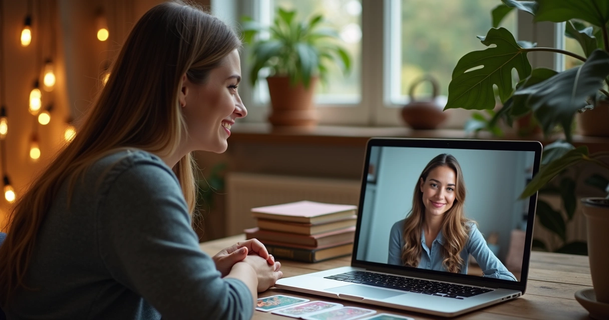 Consultora de tarot sorrindo durante atendimento online com baralho na mesa 