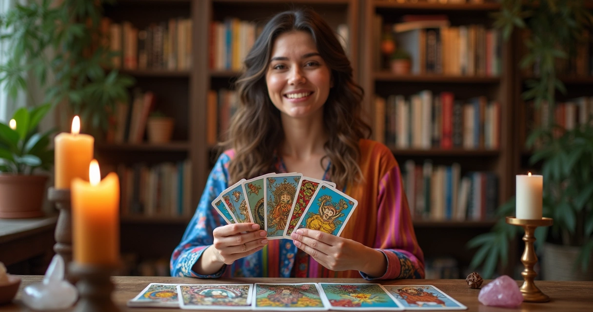 Mulher consultora de tarot sorrindo enquanto segura cartas em ambiente místico 