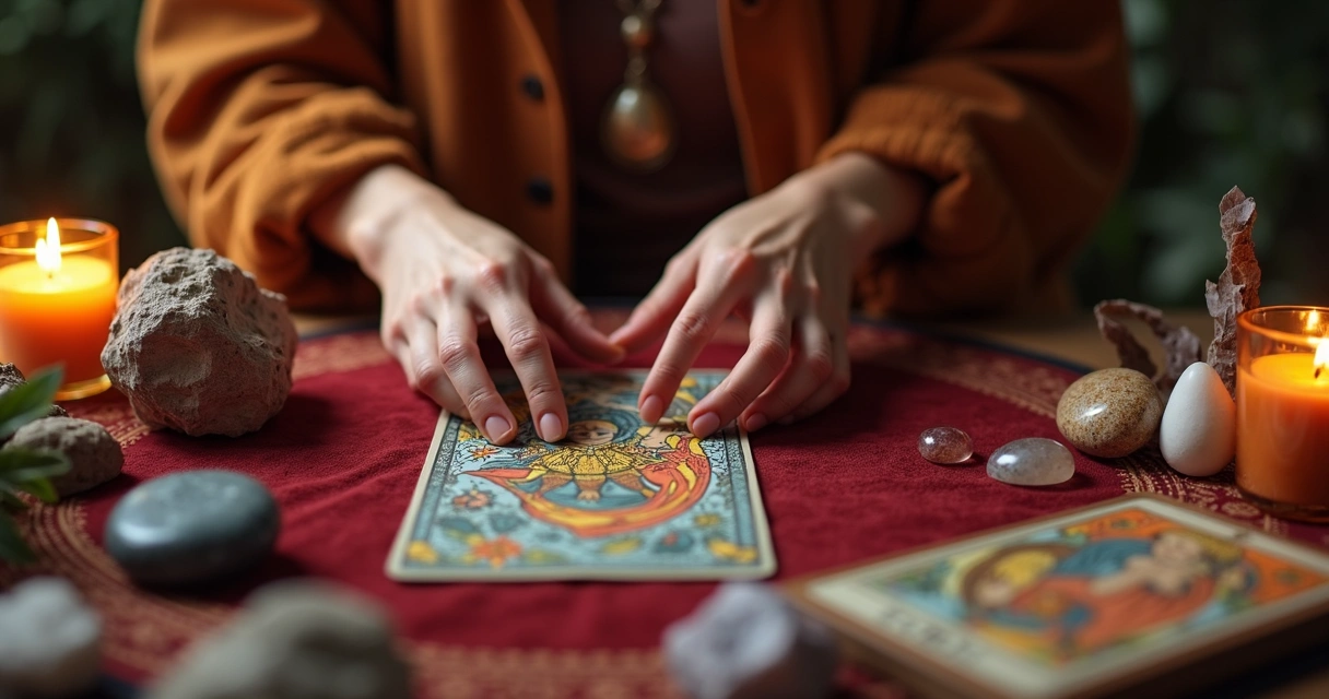 Consultora de Tarot embaralhando cartas em mesa de pano com pedras naturais