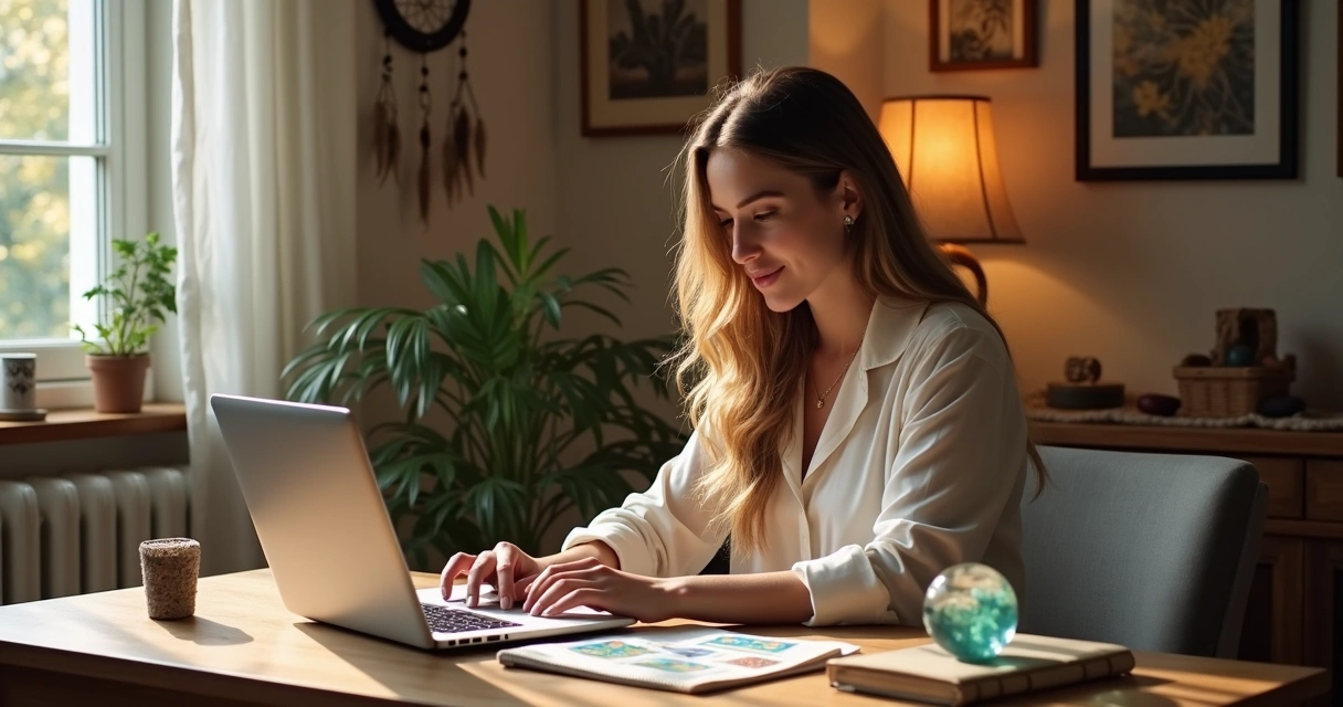 Consultora de tarot atendendo cliente pelo chat online 