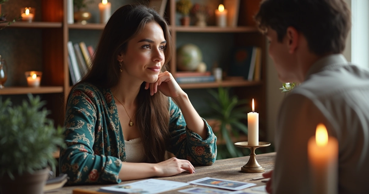 Consultora de tarot escutando atenta e gentil em ambiente tranquilo 
