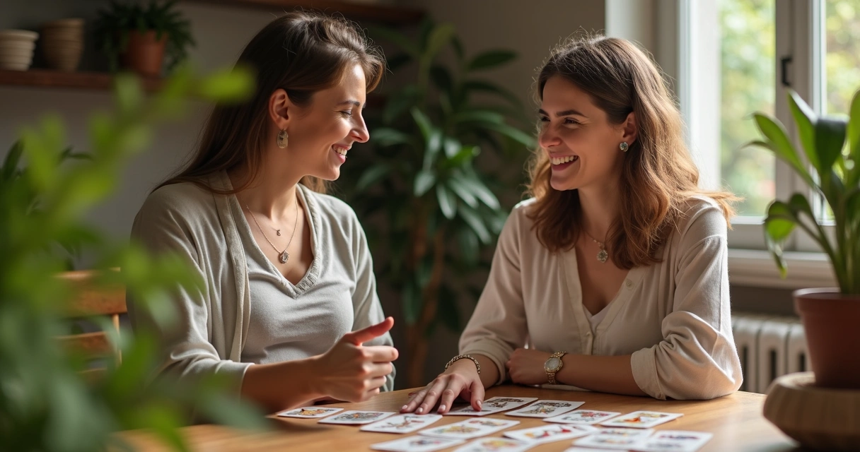 Consultora de tarot conversando com gestante em ambiente tranquilo. 