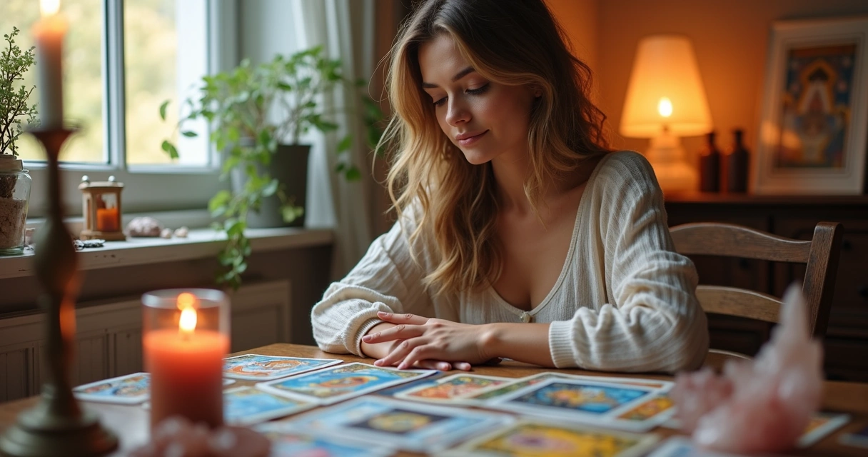 Consultora de tarot lendo cartas sobre mesa com cristais