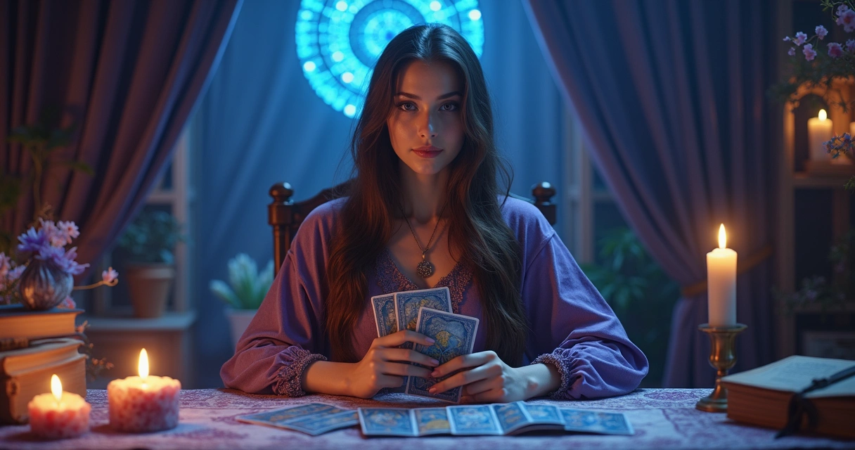 Mulher com baralho de tarot em ambiente místico e acolhedor 