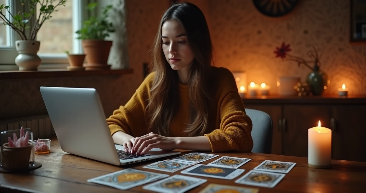 Especialista em tarot com cartas baralho na mão em uma mesa digital 
