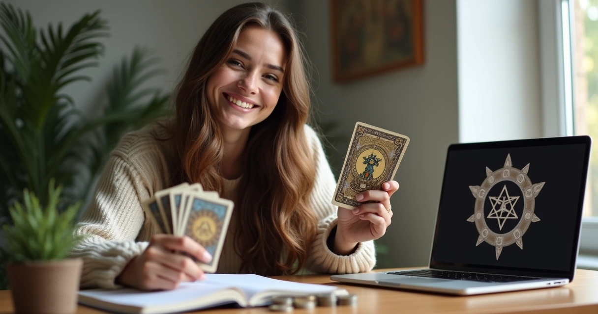 Mulher sorrindo segura um baralho de tarot e agenda 