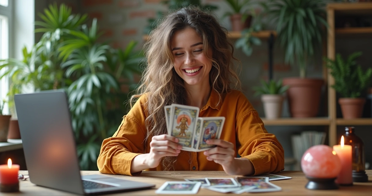 Taróloga sorrindo perante cartas de tarot e laptop 