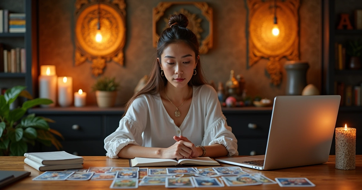 Consultora de tarot atendendo cliente online com cartas e laptop 