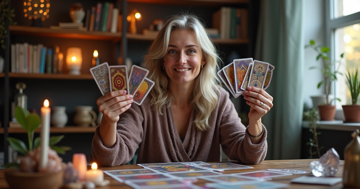 Consultora de tarot mostra cartas em videochamada 