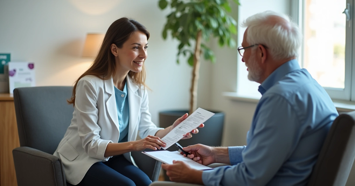 Consultora de saúde orienta senhor idoso pessoalmente em escritório moderno 