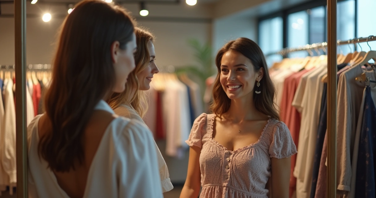 Consultoras de imagem atendendo clientes no brechó premium 