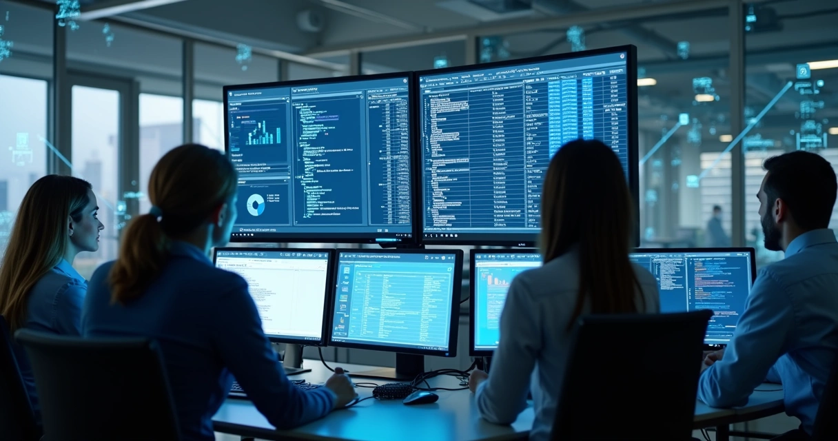 Profissionais analisando tabelas de banco de dados em monitores 