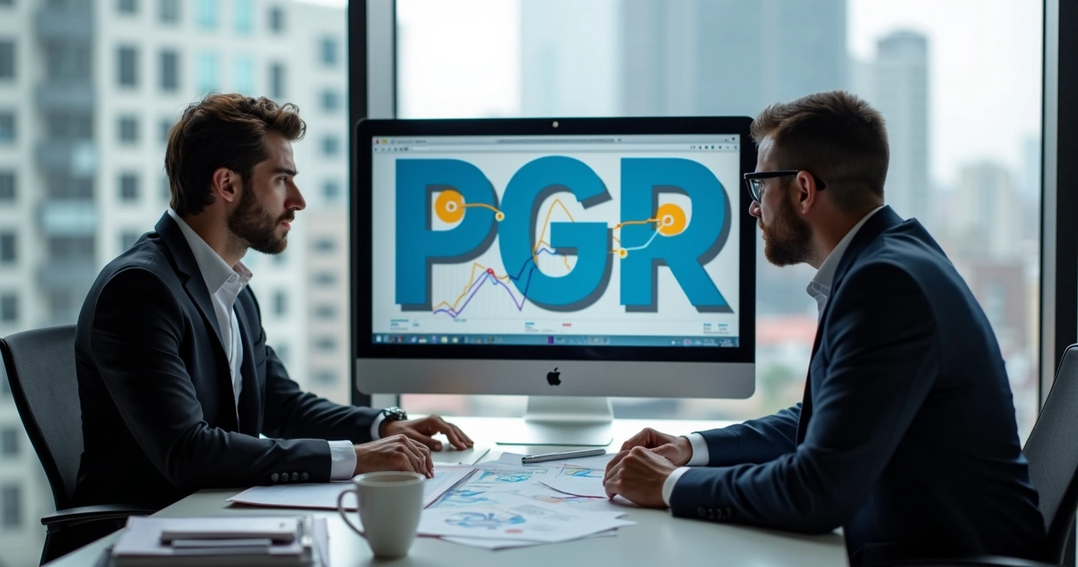 Dois consultores analisando documentos em escritório com PGR na tela do computador 