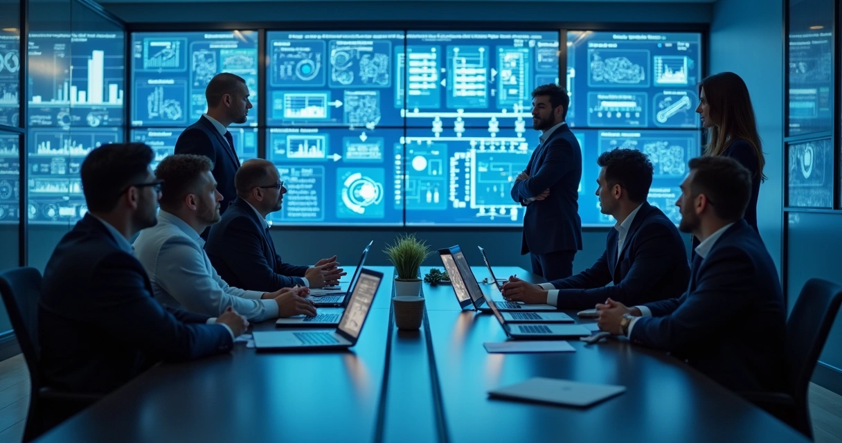 Consultores de negócios analisando juntos processos em painéis digitais 