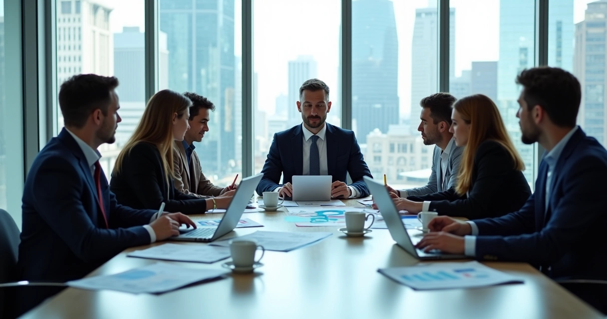 Consultores analisando juntos planejamento estratégico em sala moderna 