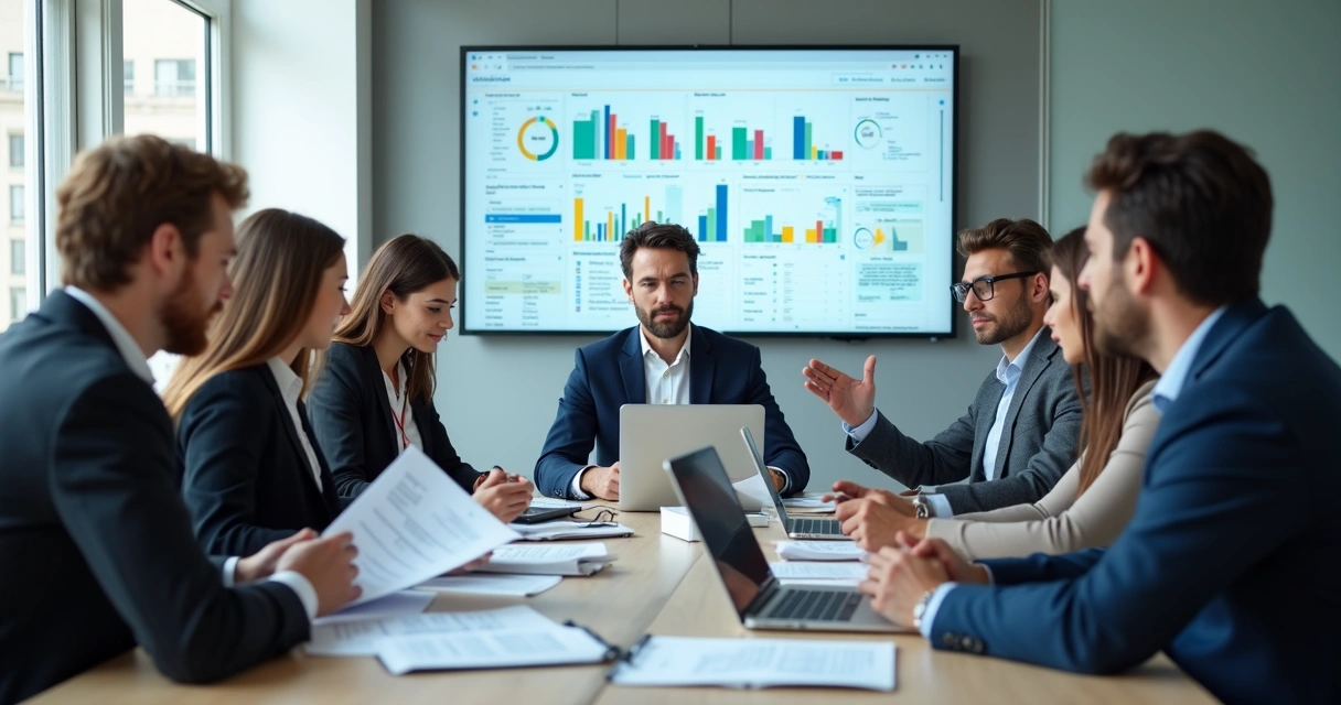 Consultores analisando gráficos em frente a computadores e quadros brancos 