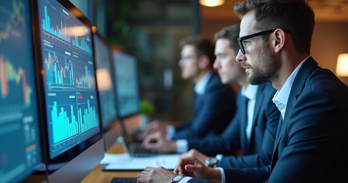 Grupo de consultores digitais analisando dados em telas grandes de computador 