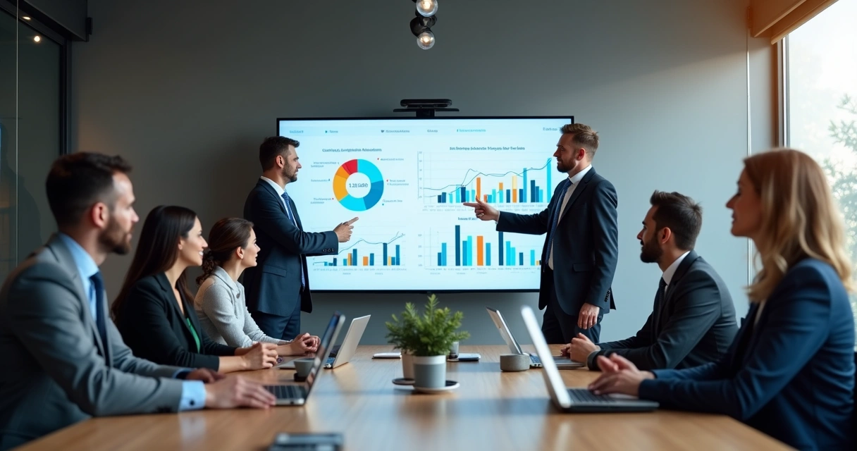 Reunião de consultores analisando gráficos financeiros na tela. 