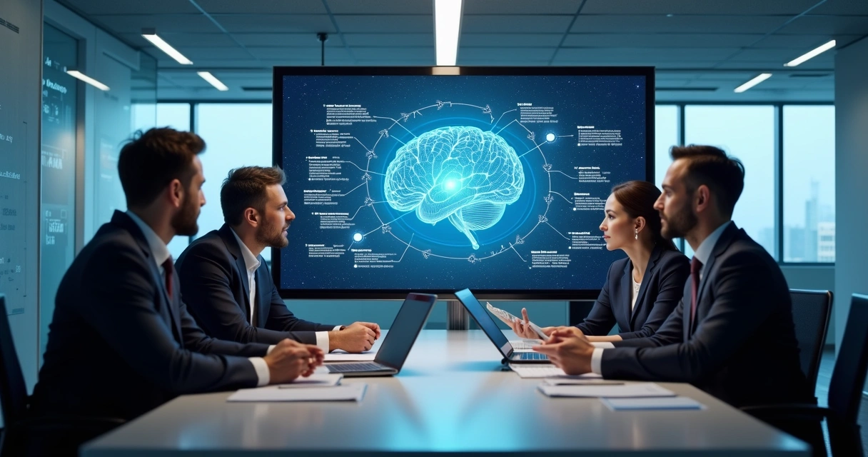 Consultores de inteligência artificial desenvolvendo solução personalizada em empresa