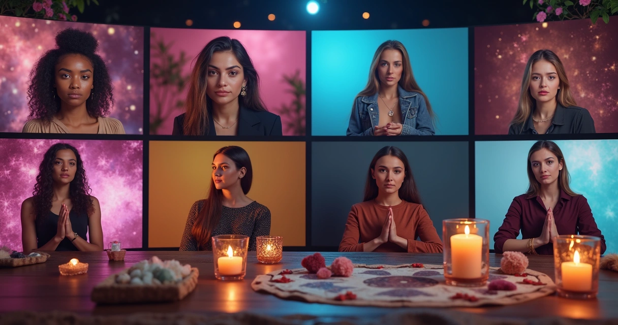 Seis consultores esotéricos em video chamada online, cenário esotérico e vibrante
