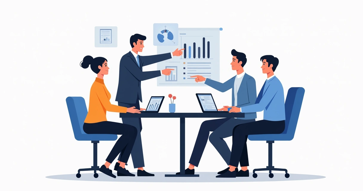Equipe de consultores reunidos ao redor de uma mesa analisando gráficos e estratégias digitais 