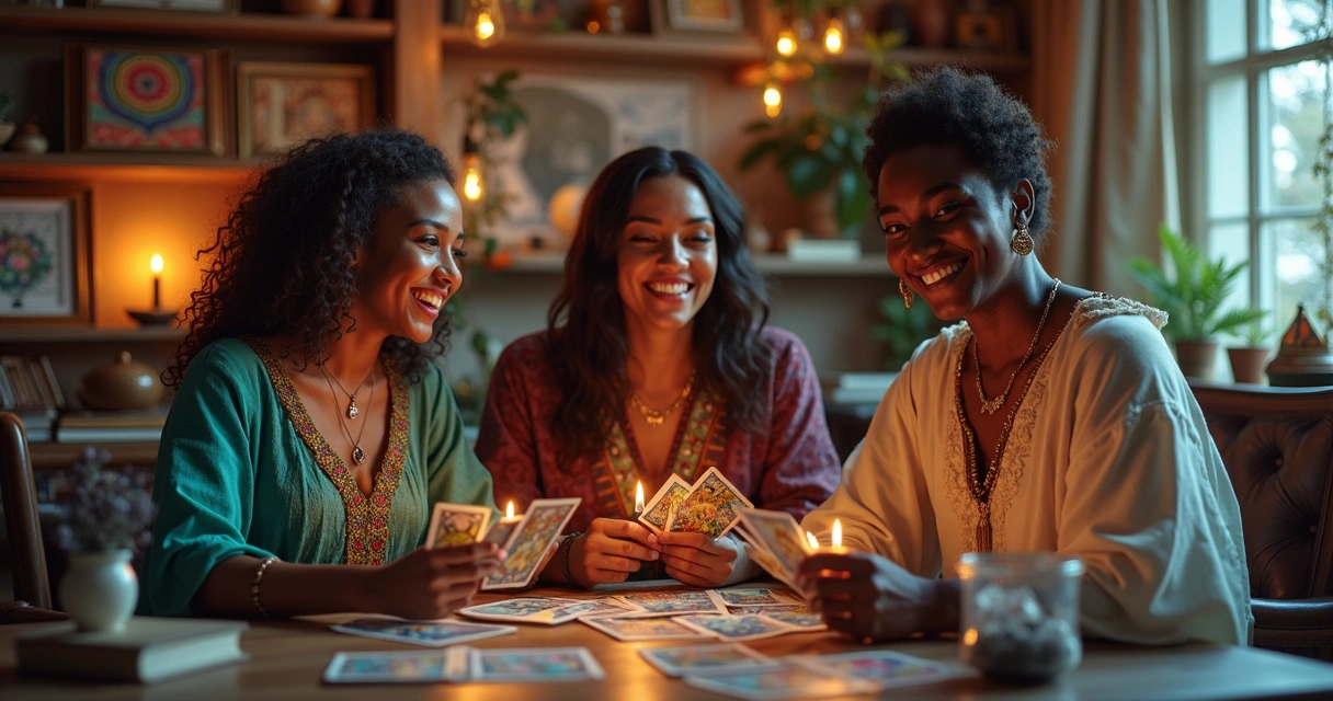 Consultores de tarot sorrindo juntos com cartas na mão 