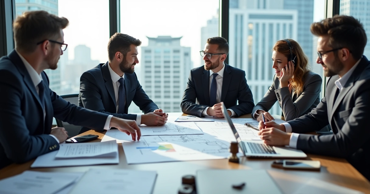 Consultores imobiliários analisando documentos em uma mesa de escritório 