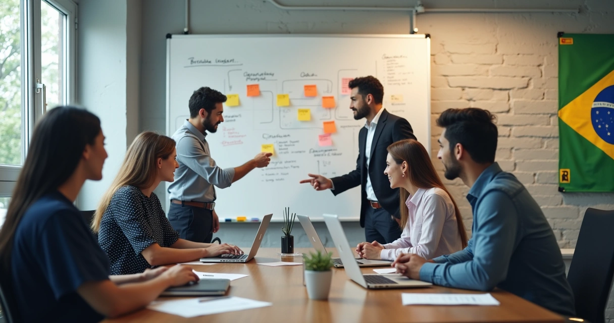 Consultores brasileiros conversando com gestores em escritório moderno 
