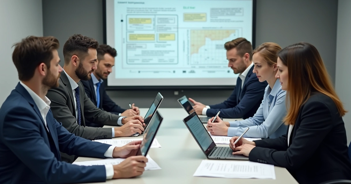 Consultores analisam documentos GRO NR-1 durante reunião. 