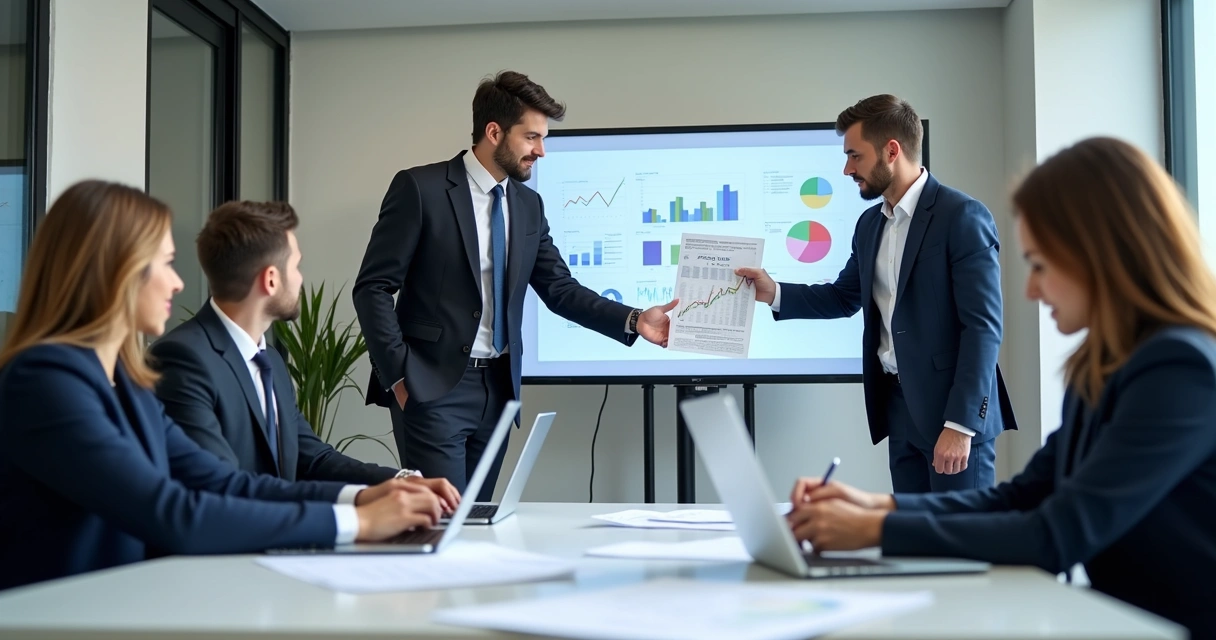Consultores apresentando relatórios para empresários em sala de reunião 