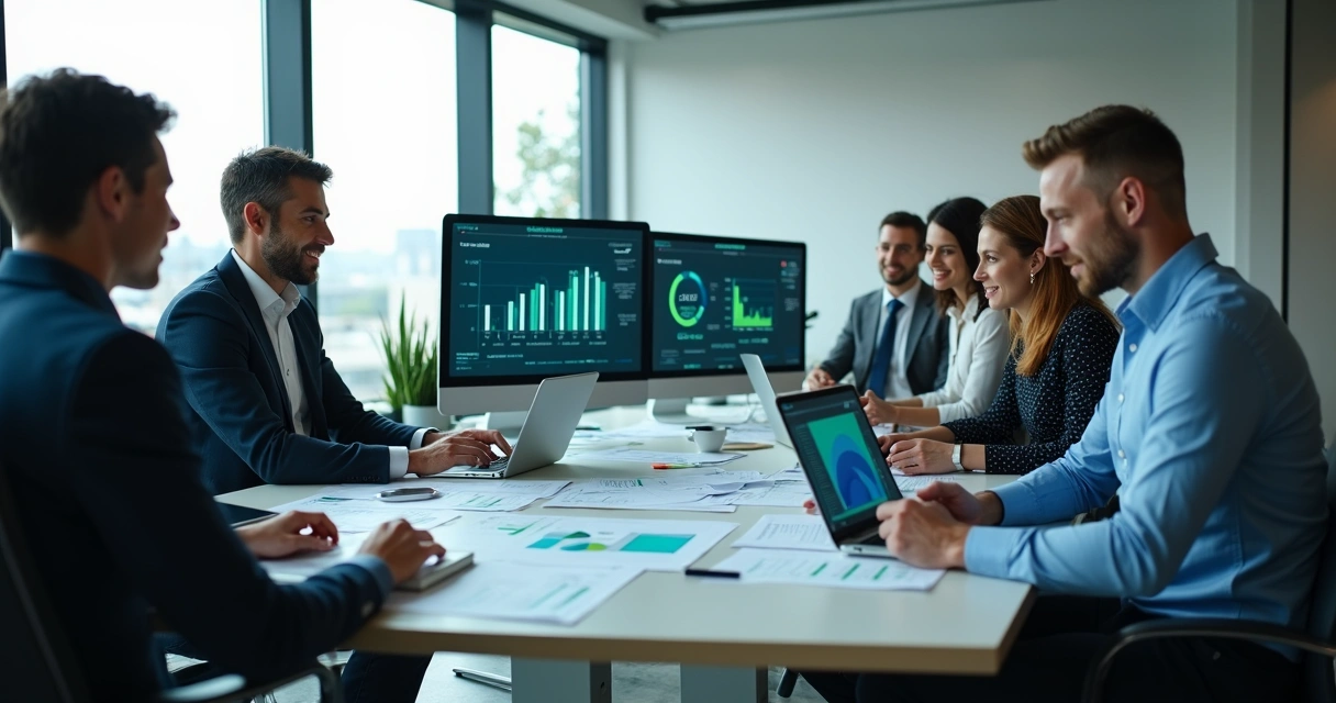 Equipe de consultores analisando folha de pagamento no computador 