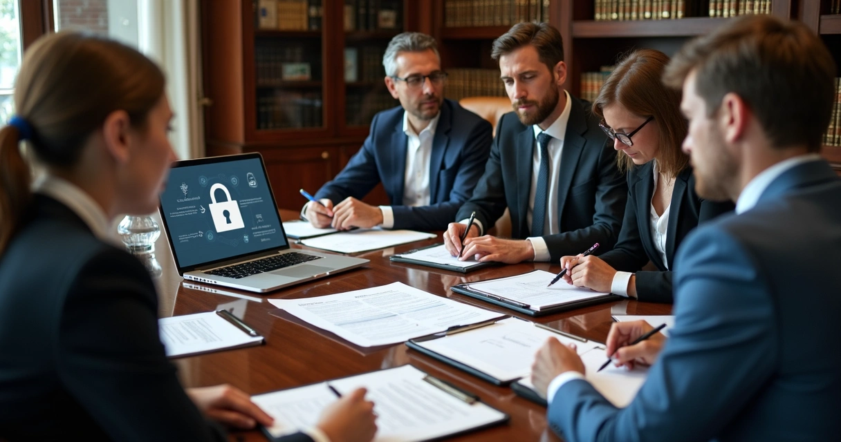 Consultores jurídicos e financeiros discutindo compliance numa mesa com documentos