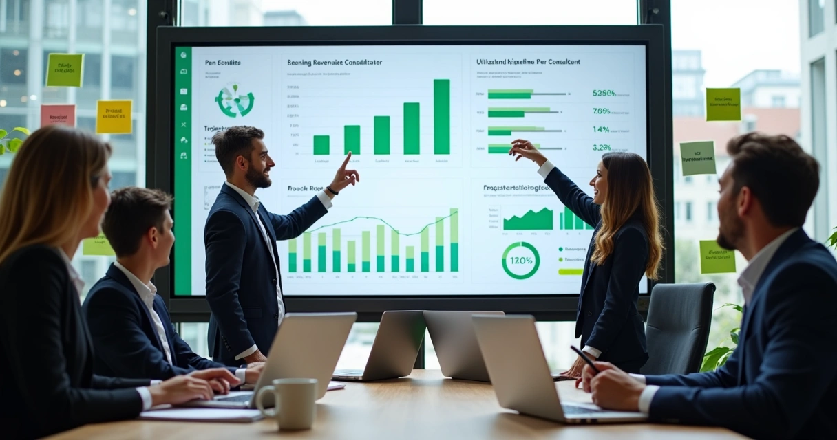 Consultores de serviços profissionais analisando painel de OKR em escritório moderno 