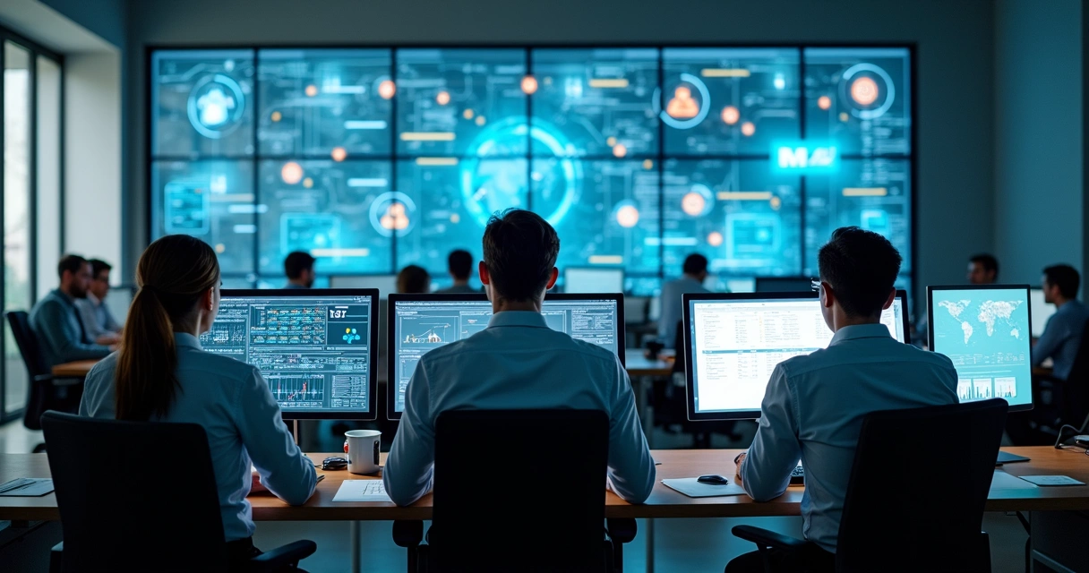 Consultores de TI monitorando vários computadores em ambiente de escritório moderno 