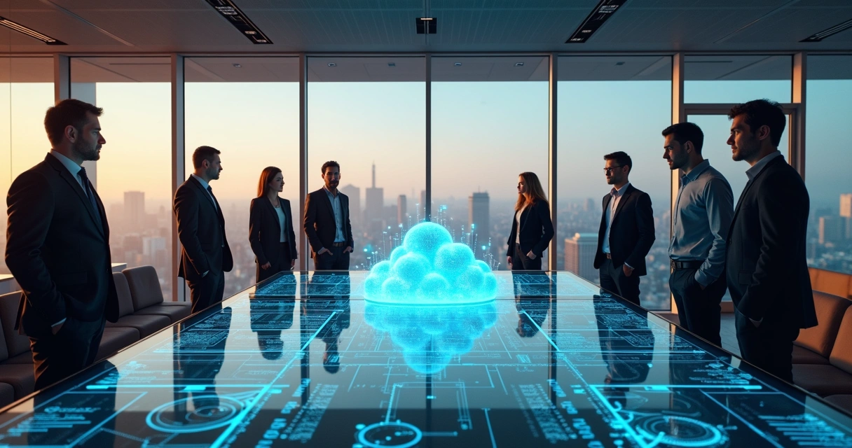 Consultores discutindo projeto de nuvem junto a painéis digitais 